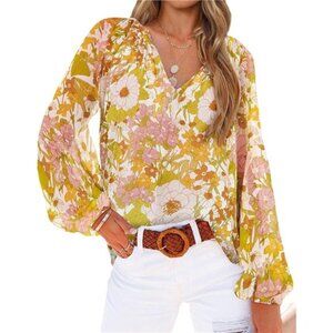 Women’s Boho Floral Blouse, V-Neck Puff Sleeve Chiffon Top